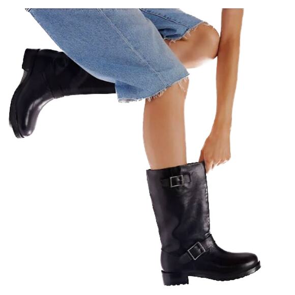 Free People Black Leather Two Buckle Ride Or Die Engineer Boots Size 8.5298 - Picture 8 of 8